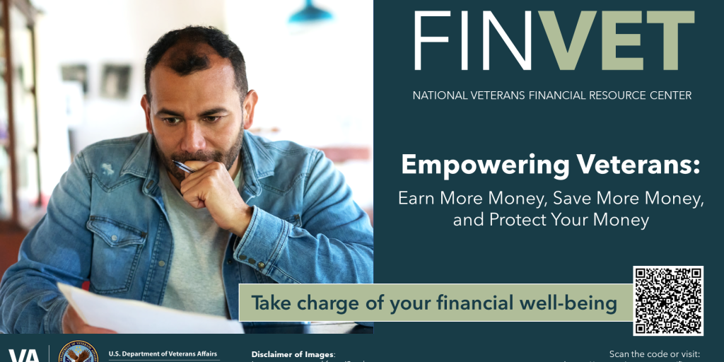 FinVet National Poster with Veteran on Computer researching financial help online. 