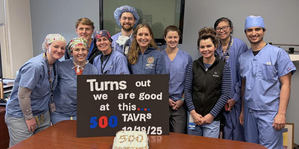 VA Boston's transcatheter aortic valve replacement team members celebrating their 500 procedure at the West Roxbury campus Dec. 18, 2025.