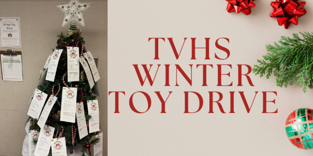 A Christmas tree is adorned with paper ornaments representing the toy wish lists of individual children enrolled in the TVHS winter toy drive program.