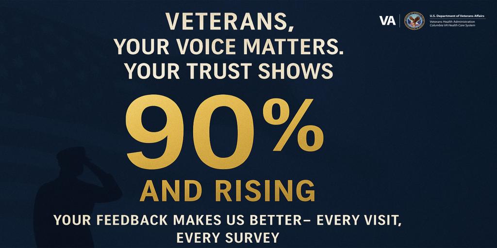 Veterans, Your Voice matters. Your trust shows. 90% and rising. Your Feedback makes us better - every visit, every survey
