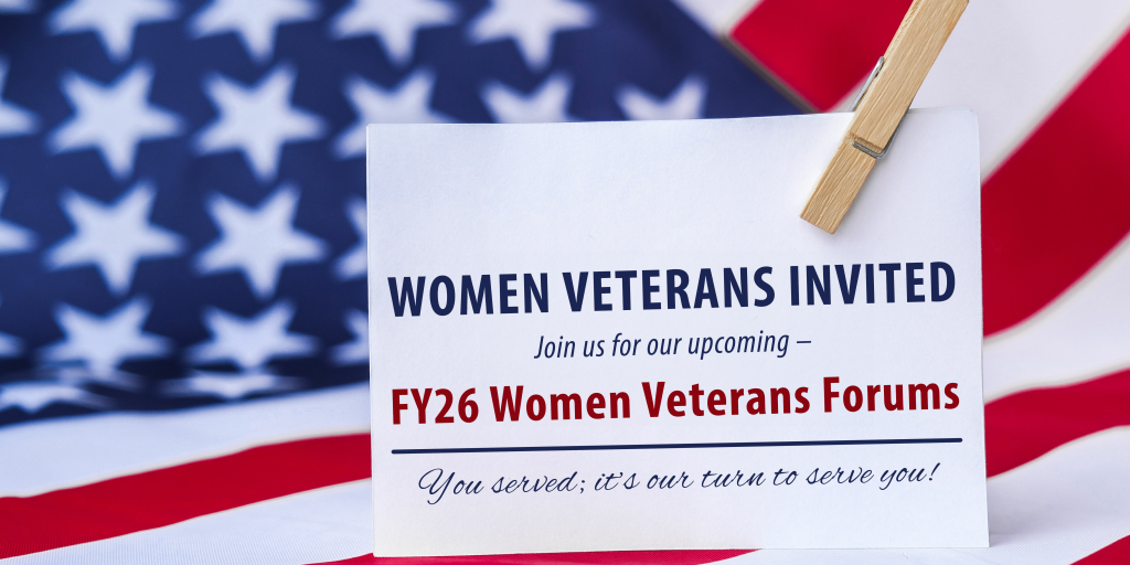 US Flag in the background with white card and wooden clip with words Women Veterans Invited - FY26 Women Veterans Forums