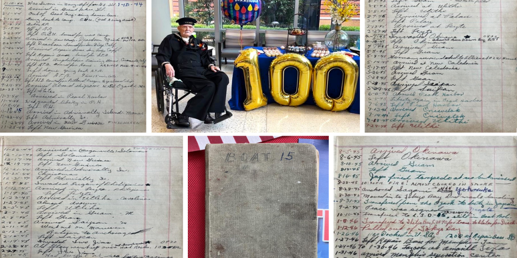 Collage of photos: Therold Roberts in wheelchair beside table of cupcakes and a balloon with the number 100, his original journal from time in service, his original handwritten journal entries