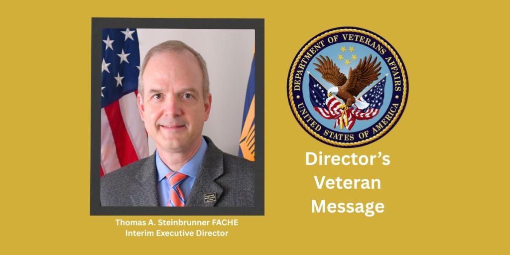 Man in suit with flag, and seal with "Director's Veteran Message."