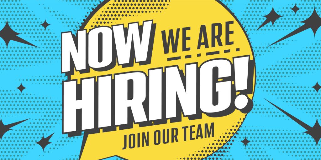 Graphic with "Now we are hiring! Join our team" on a blue background.