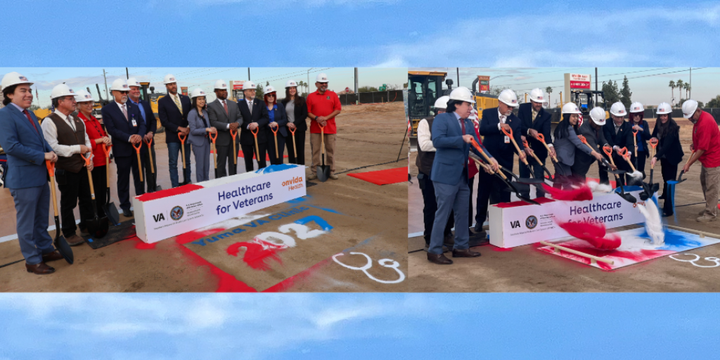 Two images of a group in hard hats at a groundbreaking ceremony.