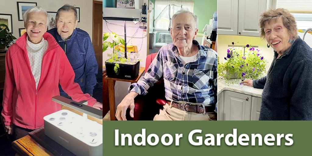 Three Veterans and one caregiver stand beside small indoor garden systems in their homes at Sheridan VA Health Care System.