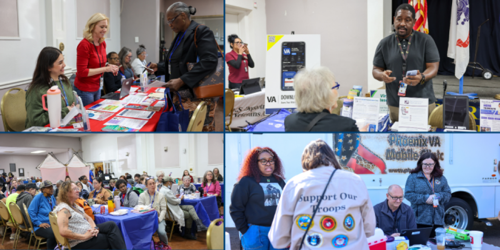 Collage of photos showing various interactions at an event.