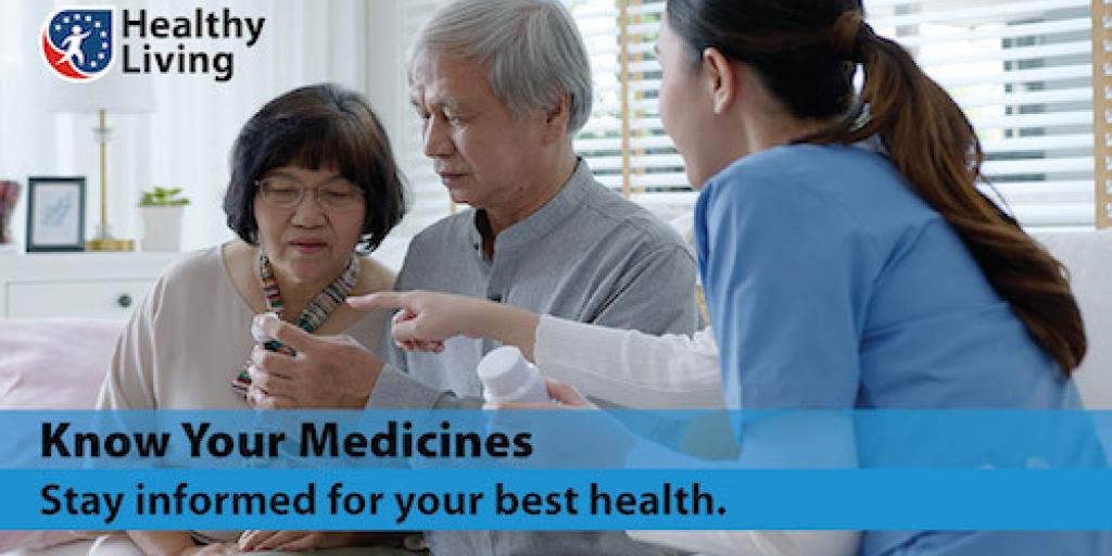 Nurse showing elderly couple a pill bottle with text: Know Your Medicines, Stay informed for your best health.