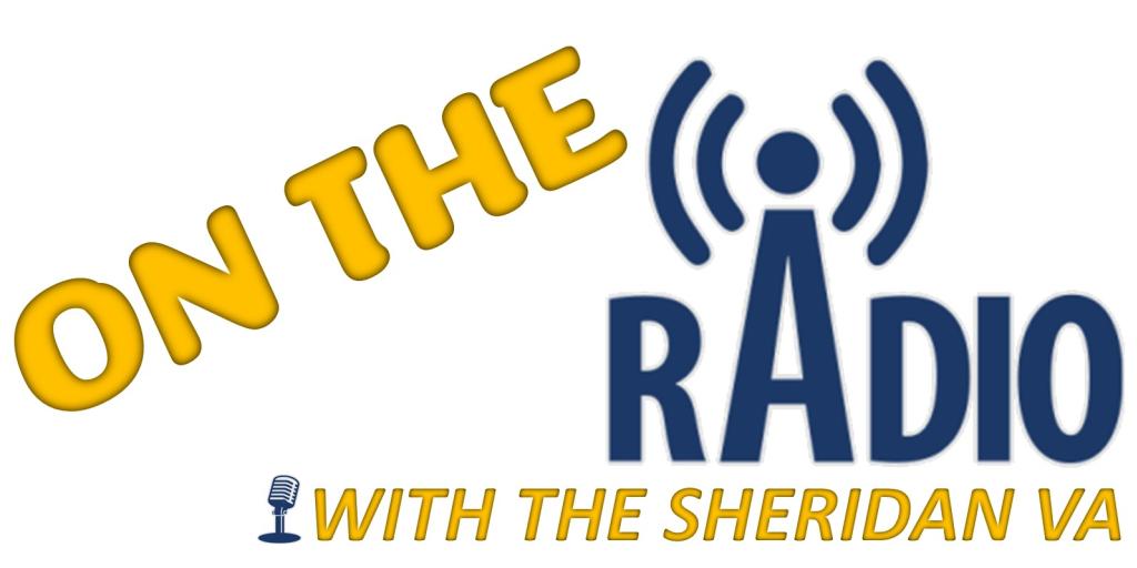 Logo for "On the Radio with the Sheridan VA" featuring radio waves and microphone.