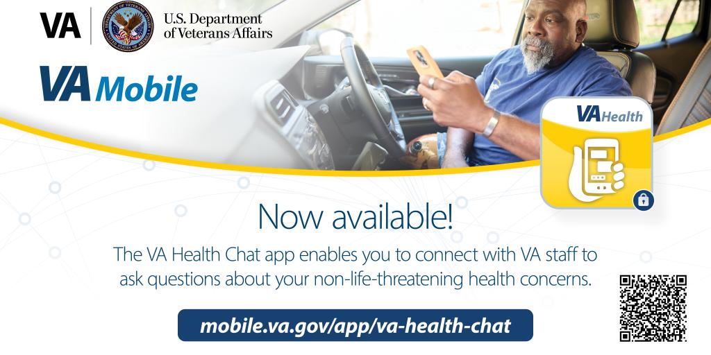 Graphic of a man texting. VA Health Chat app available now.