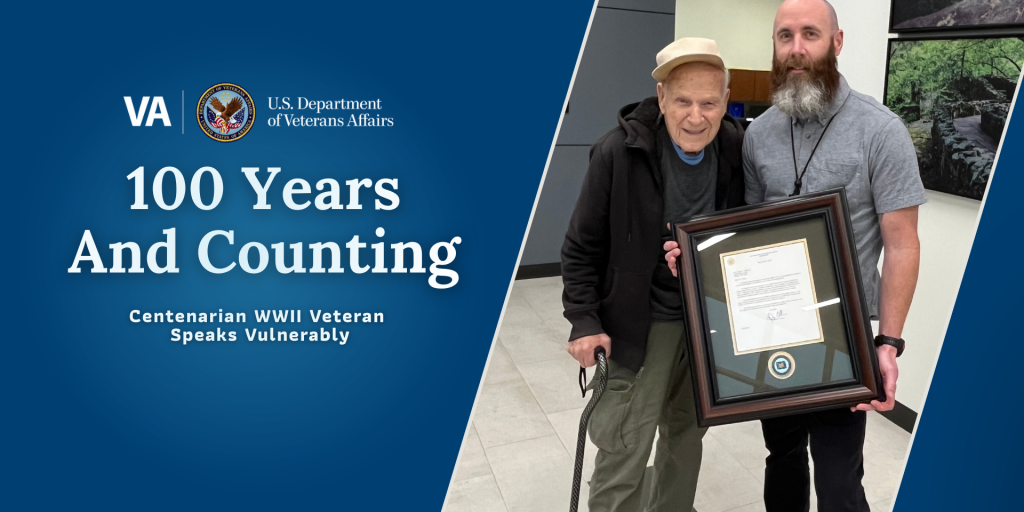 Two men standing together, one holding a framed certificate, with "100 Years And Counting" text on blue background.