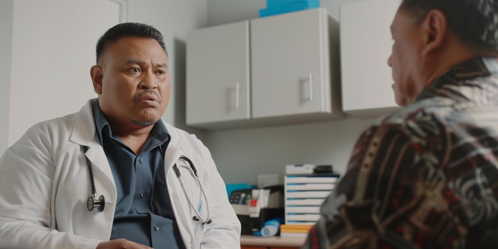 Doctor in white lab coat talking to patient in patterned shirt.