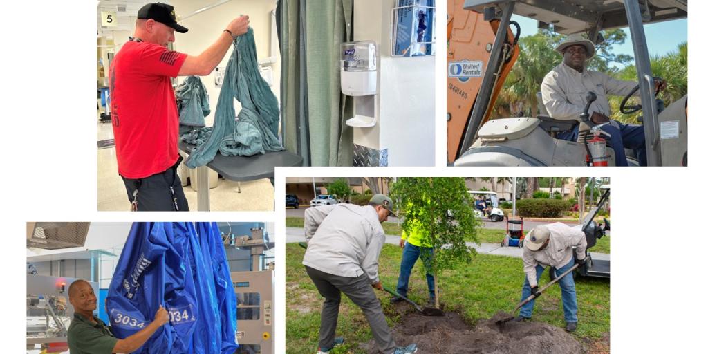 Collage of four photos: man in red shirt with tarp, man in excavator, three people planting tree, and man with blue tarp.
