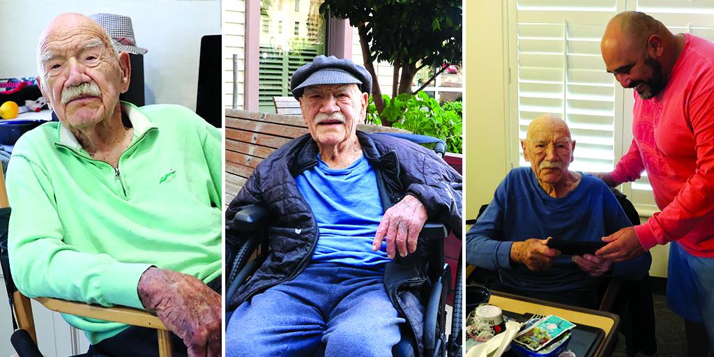 Three photos of the same elderly men receiving care: seated, in wheelchair, and with caregiver.