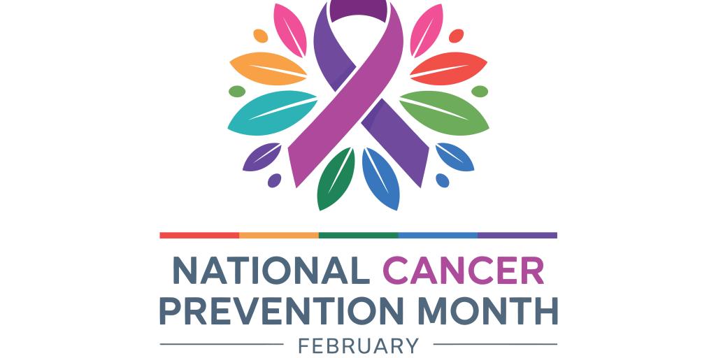 National Cancer Prevention Month logo with colorful floral design and purple ribbon.
