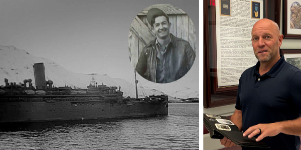 Split photo: Left - old black and white photo of ship and man. Right - man in navy polo shirt holding framed photo.