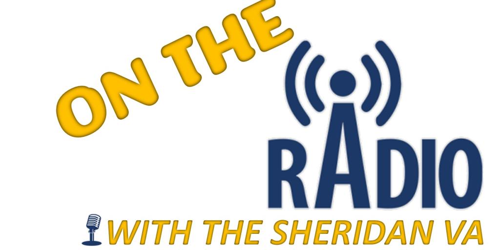 Logo for "On the Radio with the Sheridan VA" featuring radio waves and microphone.