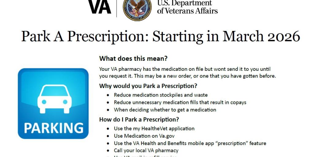 VA graphic with a car and parking sign. Text reads "Park A Prescription: Starting in March 2026".