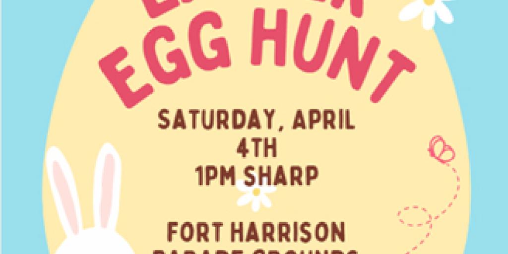 Easter egg hunt poster with bunny and yellow egg.