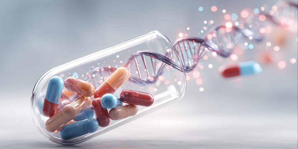 DNA strand forming inside a capsule filled with colorful pills.