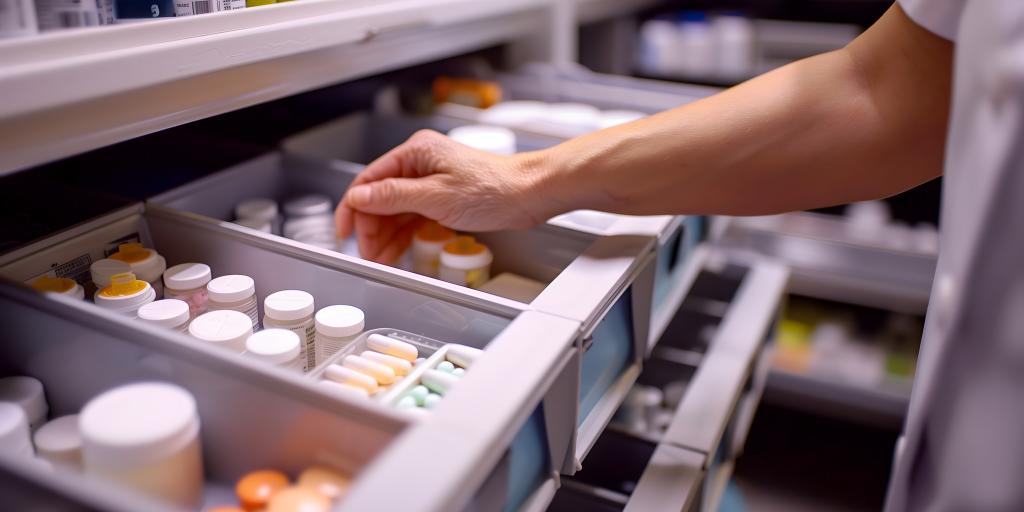 Pharmacist's hand reaching into a drawer filled with various medication bottles.