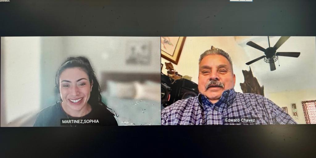 Screen shows a woman and a man in a video call.