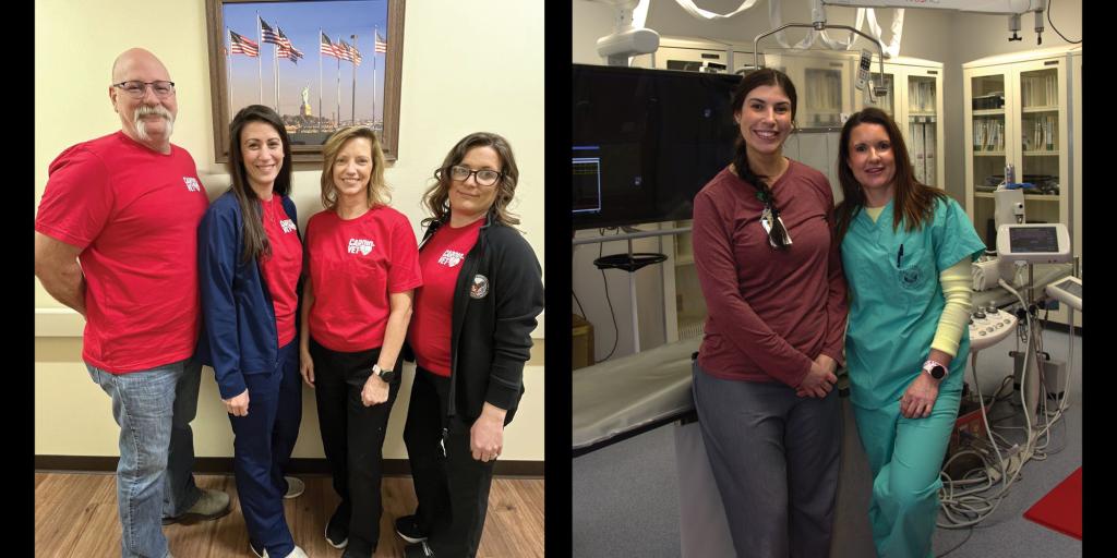 Two photos of a group of staff in scrubs and shirts.