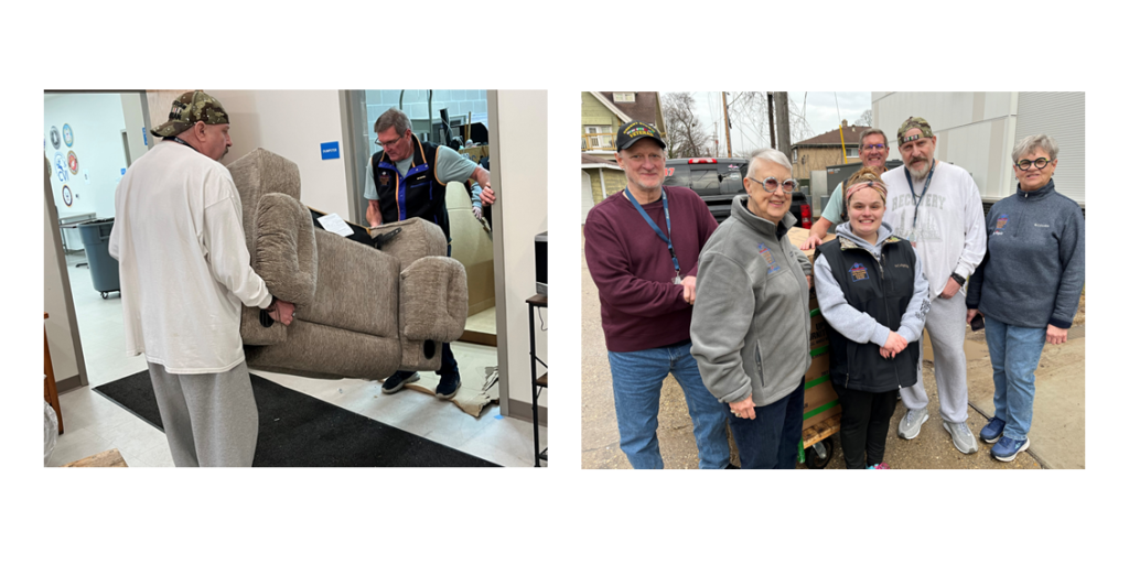 Collage of two photos: man moving recliner, group posing with recliner.