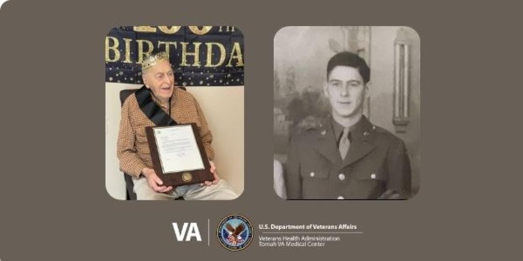 Side-by-side photos: one of a man in military uniform, the other of an older man holding a framed certificate.