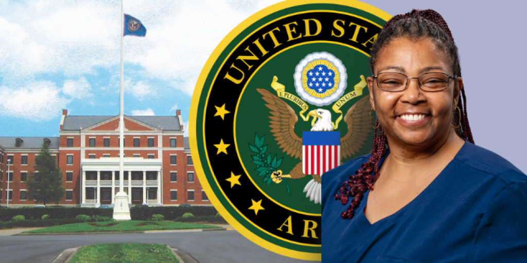 Smiling woman in scrubs with U.S. Army logo and Alvin C York VA Medical Center in the background.