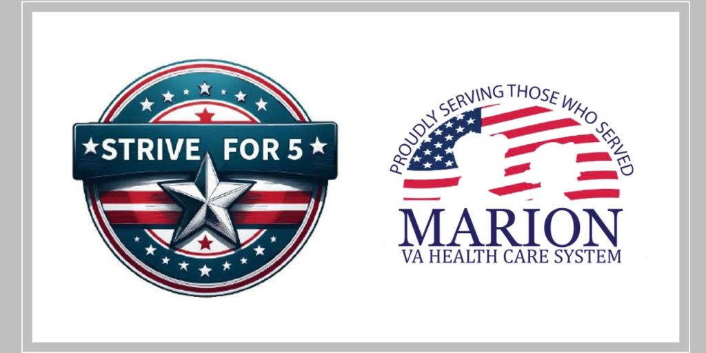 Two logos: "Strive for 5" with star and "Marion VA Health Care System" with flag.