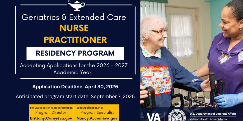 Elderly woman and nurse, poster for Geriatrics & Extended Care Nurse Practitioner Residency Program.