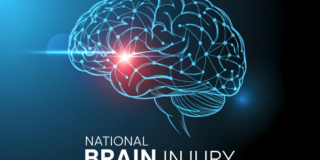 National Brain Injury Awareness Month poster with a glowing brain graphic.