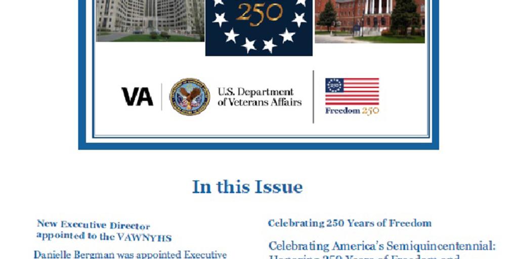 Newsletter cover with VA logo, American flag, and a historical photo of Abraham Lincoln.