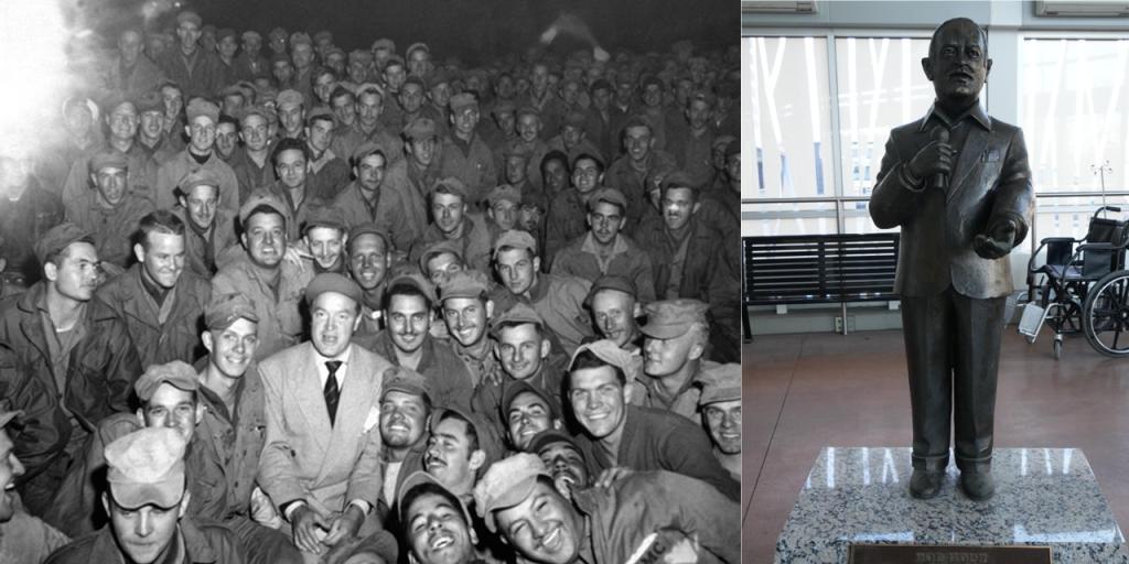 Split image with black and white photo of crowd and statue of man.
