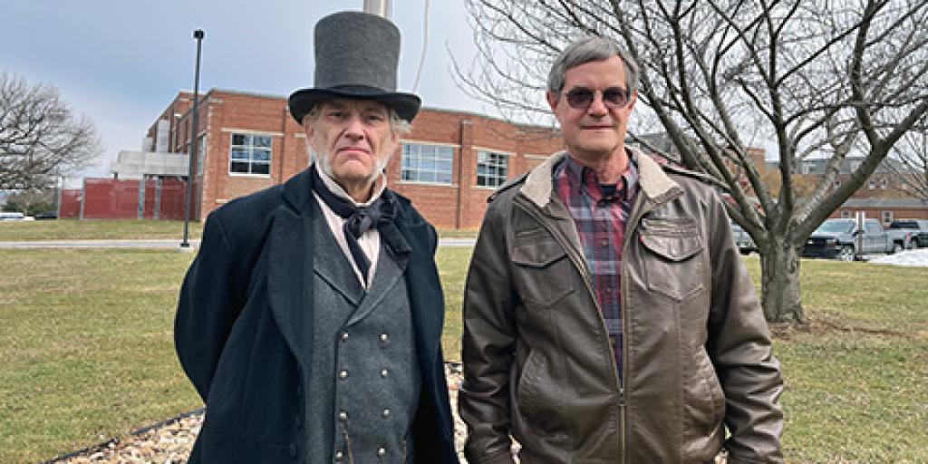 Army Veteran Eric Reeder (on left), dressed in period costume, portraying revered Pennsylvanian, Thaddeus Stevens, in the movie, Gettysburg 1863, with VA social worker Mike Pasinski, LCSW (on right) of the VA Lebanon Healthcare System.
