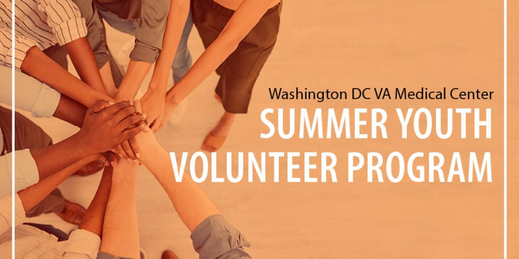 Diverse group of hands together with text: Summer Youth Volunteer Program.