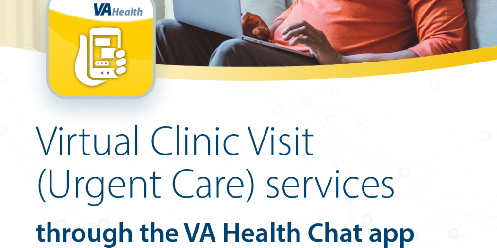 Elderly man using laptop for VA Health Chat app urgent care services.