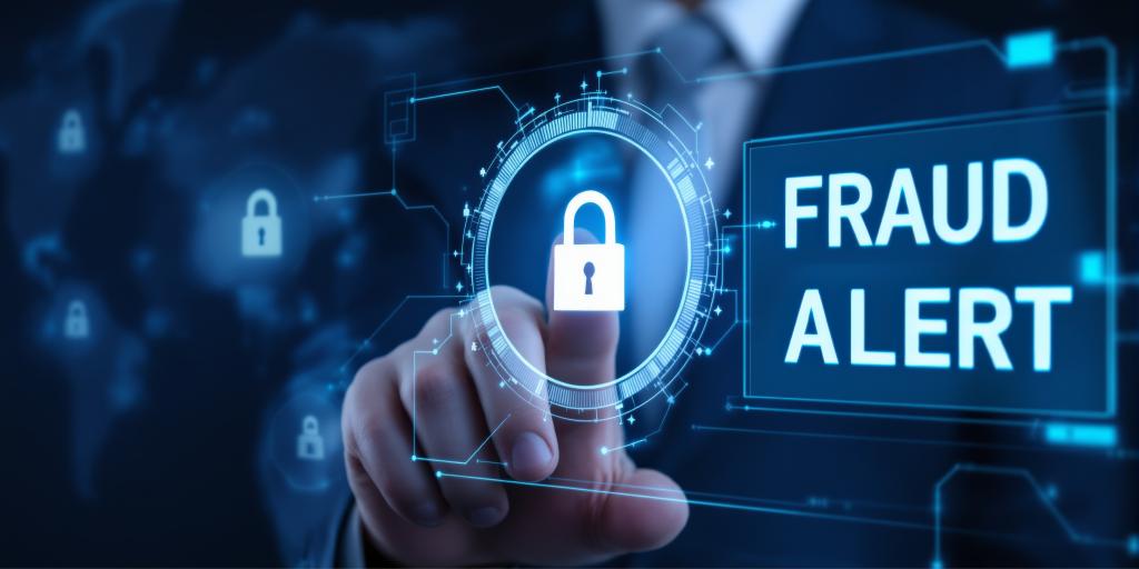 Hand pressing a button with a lock icon and "FRAUD ALERT" text.