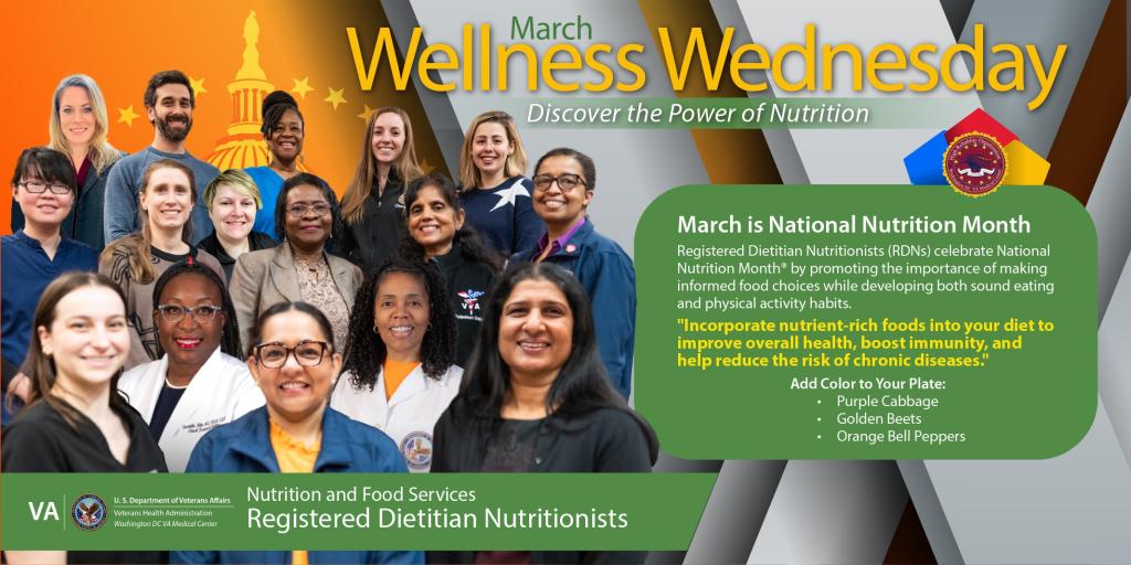 March Wellness Wednesday poster with group photo and text.