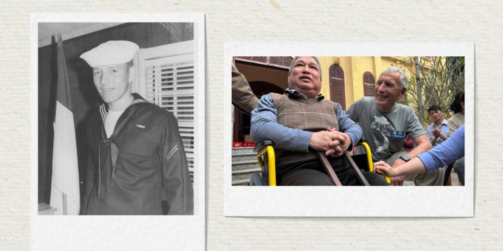 A collage of two photos: one is black and white of a sailor, the other is of a man in a wheelchair.