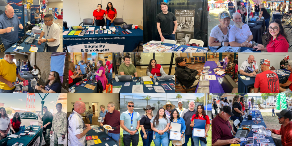 Collage of photos from a career fair with diverse people at booths.