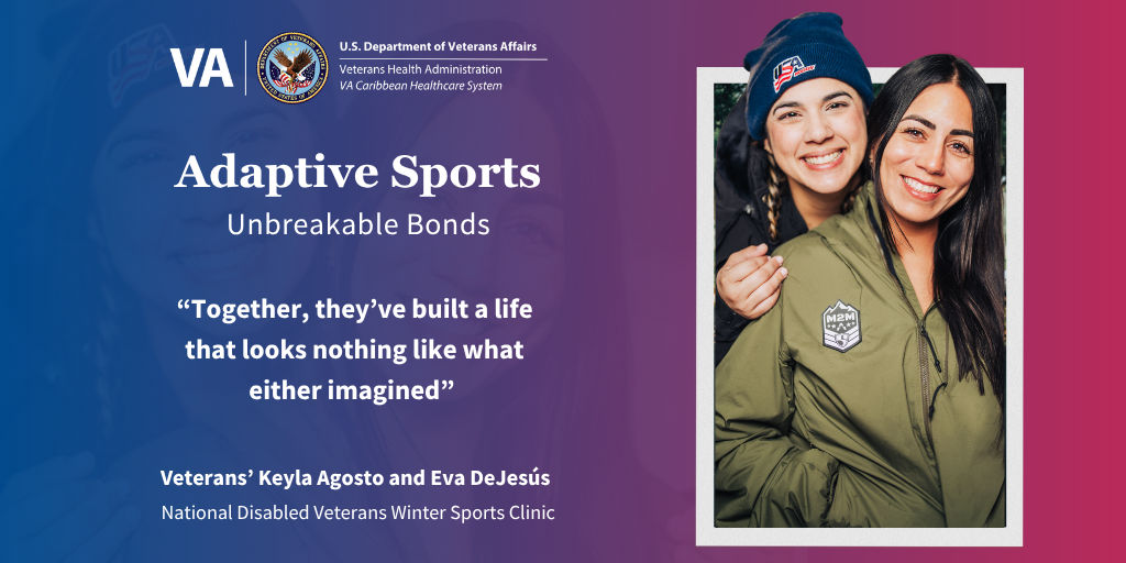 Graphic of two smiling women in green Adaptive Sports uniforms, with VA logo and text.