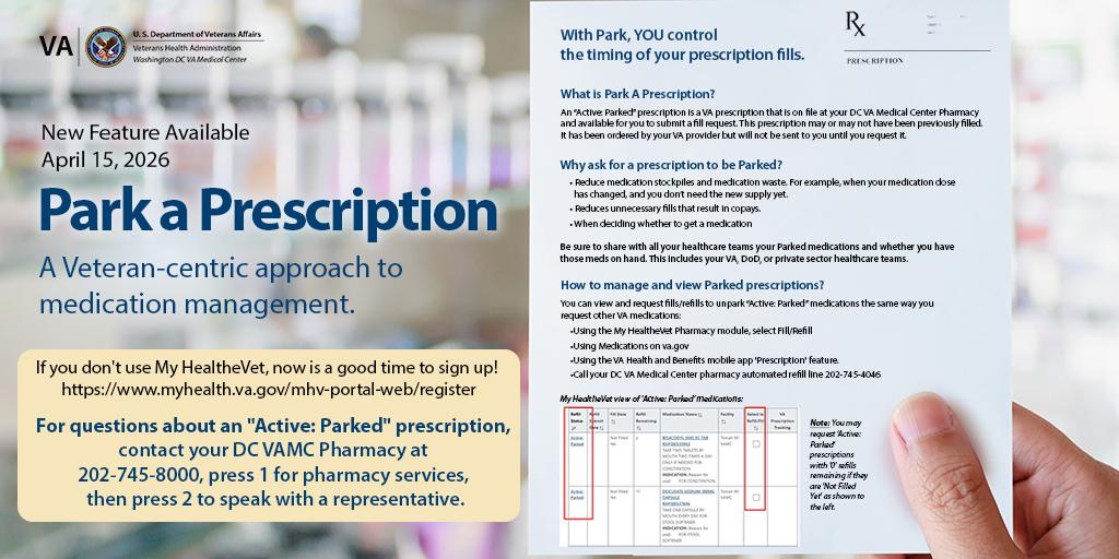 Person holding brochure titled "Park a Prescription" with pharmacy shelves in background.