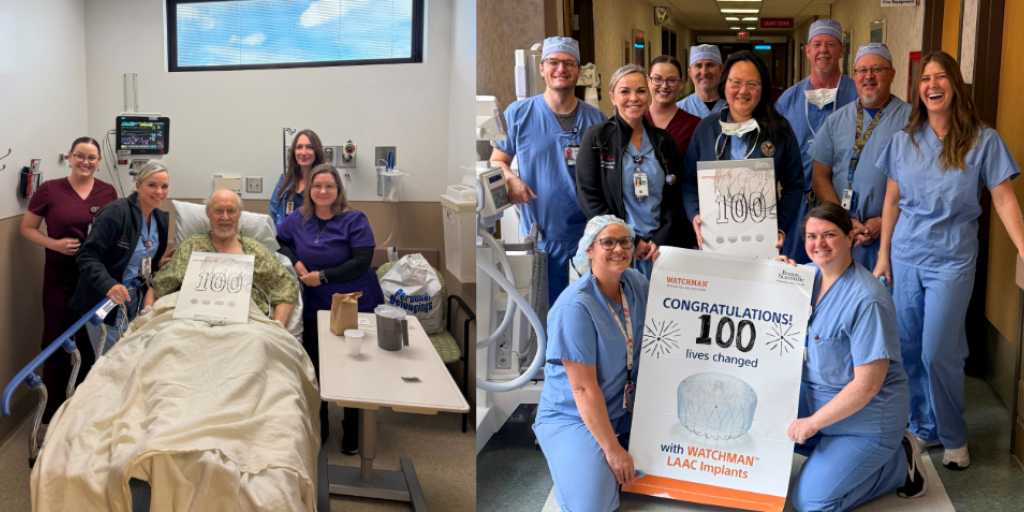 Collage of medical staff with a patient and in a hospital corridor holding a "100" sign.