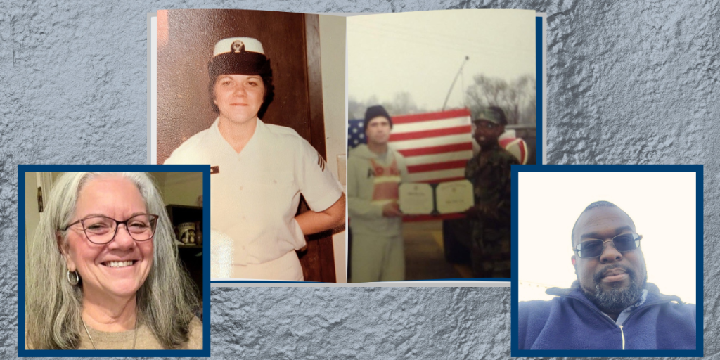 A collage of a woman, a man, and two photos of military personnel.