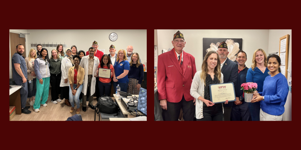 Dr. Thuy Dang and Dr. Katie Washburn receiving awards from VFW representative, both with colleagues present.