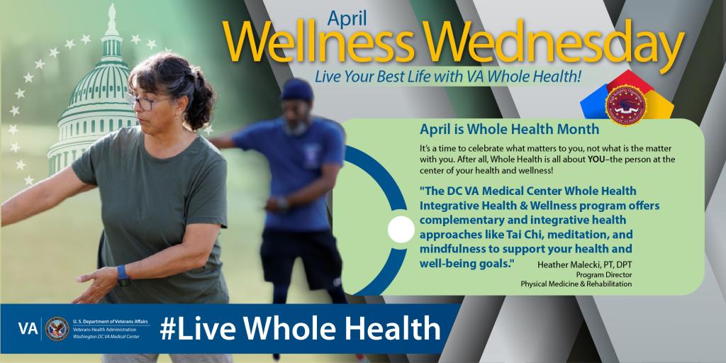 Poster for April Wellness Wednesday with two people exercising and text "Live Whole Health."