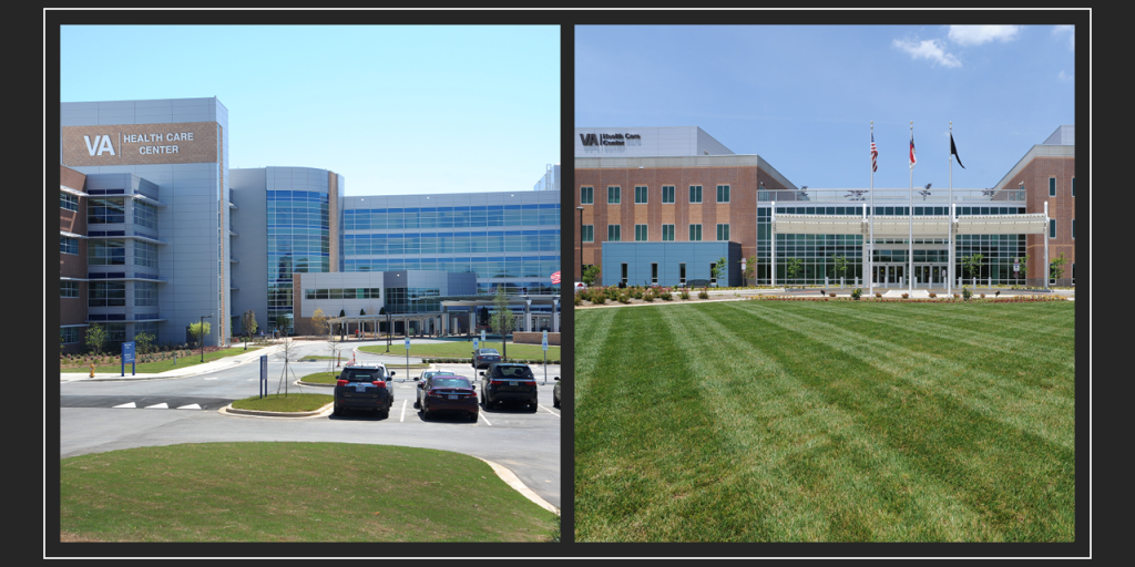 Collage of two photos: hospital entrance with cars, and expansive green lawn.