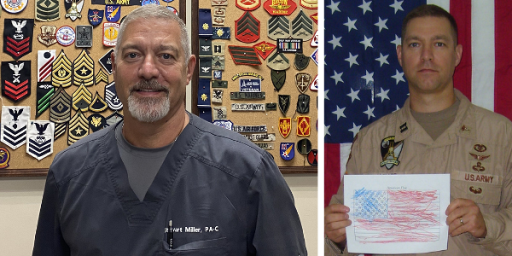 Two men in an office, one in scrubs, one in military uniform.